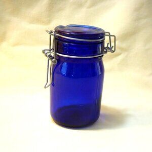 *** Blue Glass CONTAINER / Sealable Lid with Wire Ball Lock Closure ***